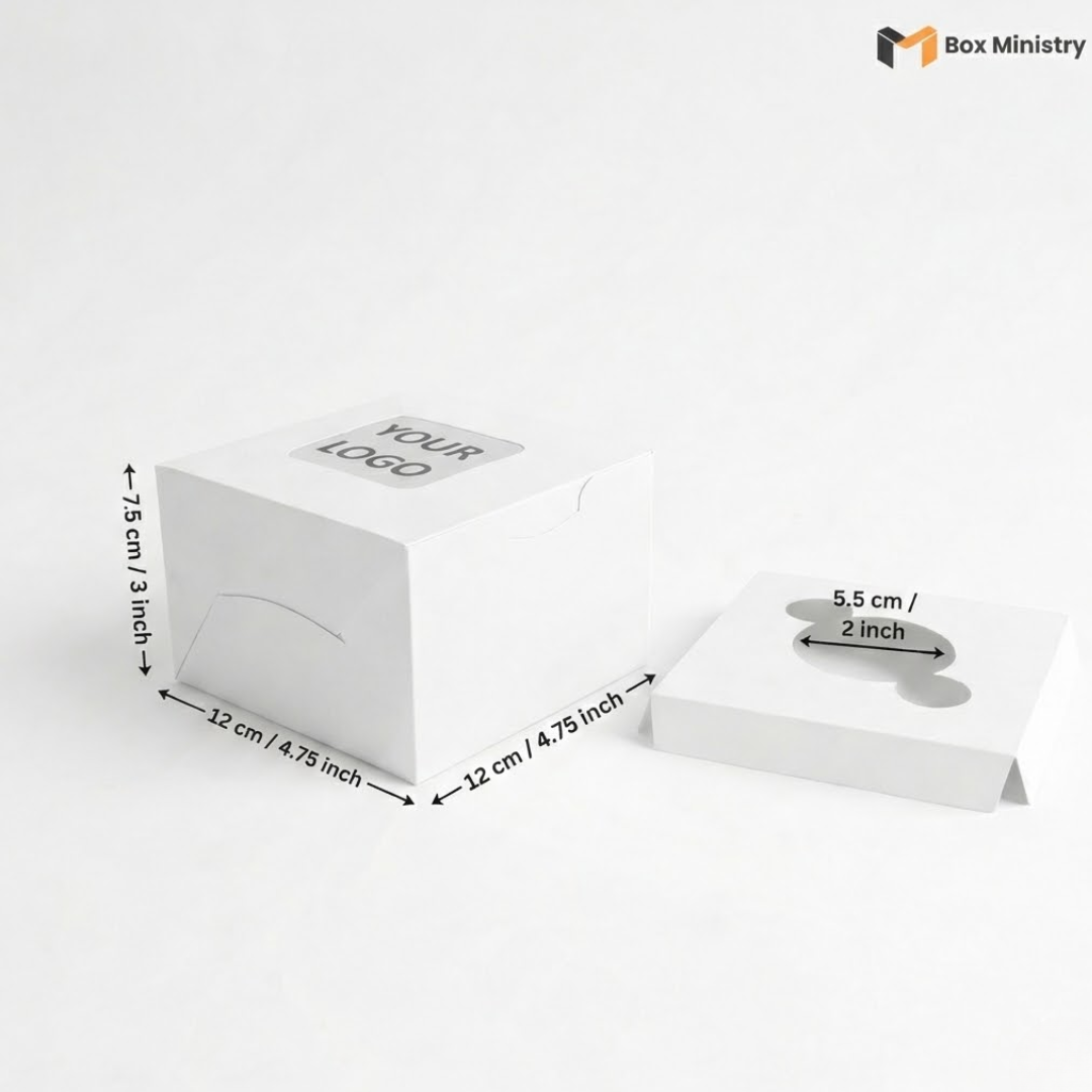 White 1-cavity cupcake box without handle, closed lid, front and side angle