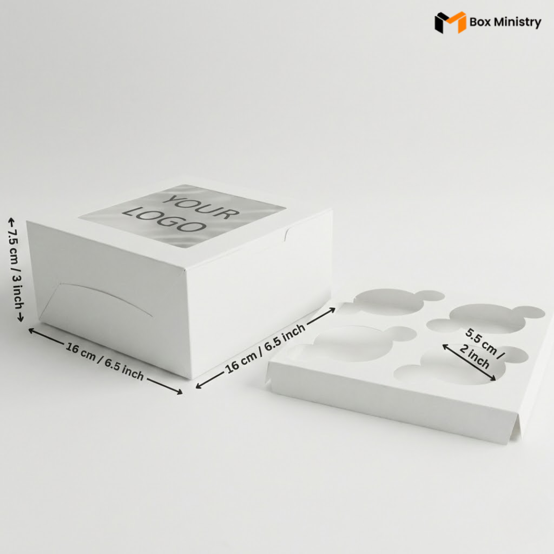 White 4-cavity cupcake box with flat lid, closed, front-facing product view