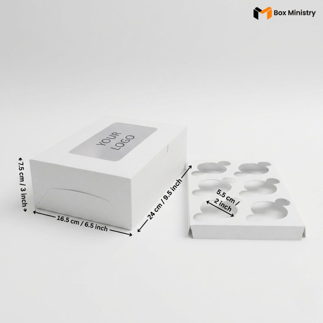 White 6-cavity cupcake box without handle, closed lid, front and side angle