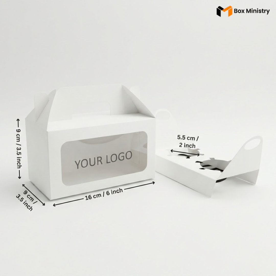 White 2-cavity cupcake box with handle, closed lid, front and side angle