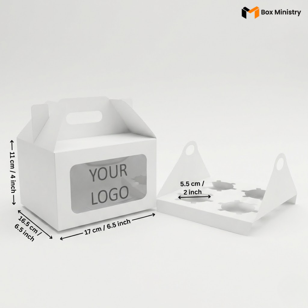 White 4-cavity cupcake box with handle, closed lid, front and side angle