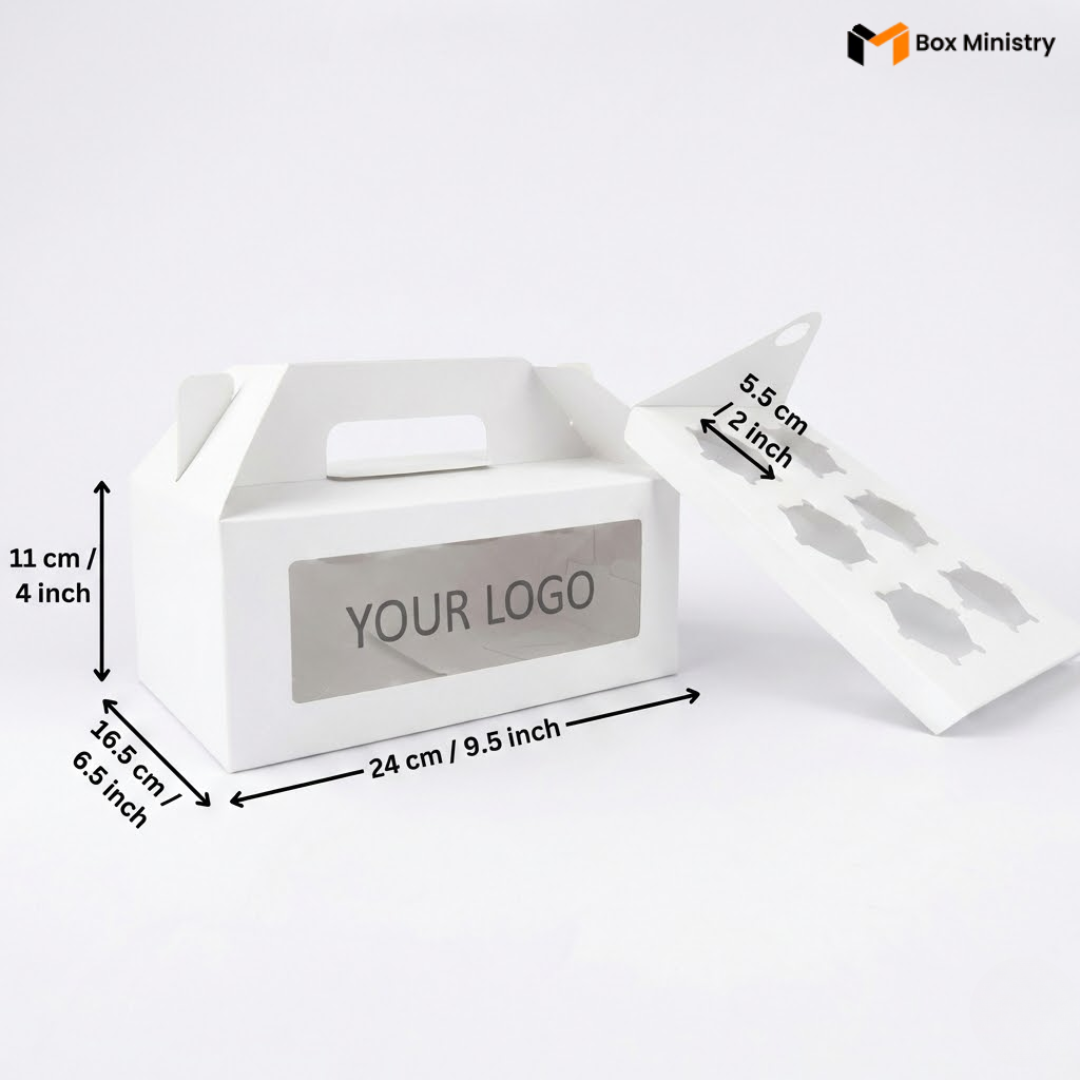 White 6-cavity cupcake box with handle, closed lid, front and side angle