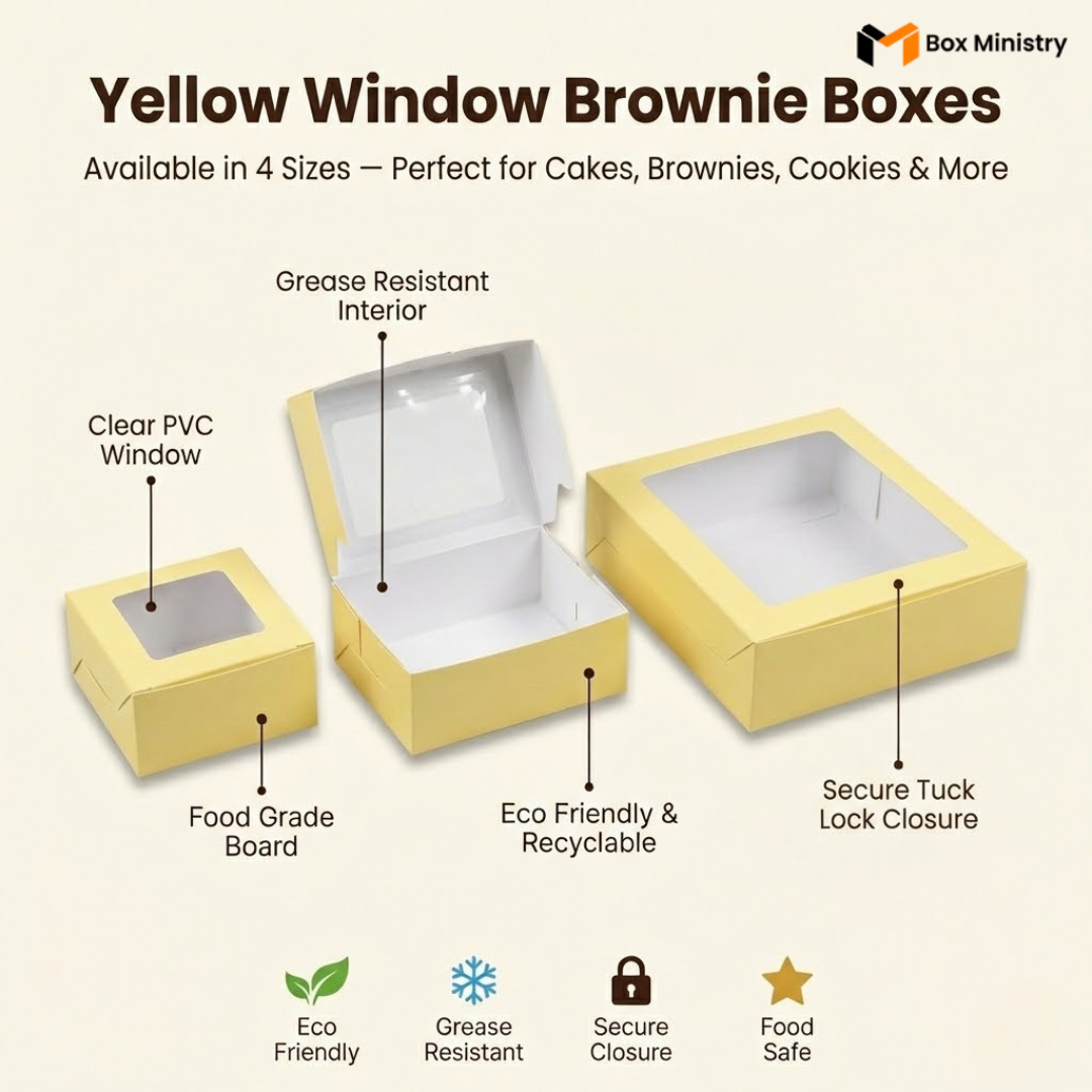 Yellow window bakery boxes in 3 sizes with clear PVC window, food grade board, grease resistant interior and secure tuck lock closure 