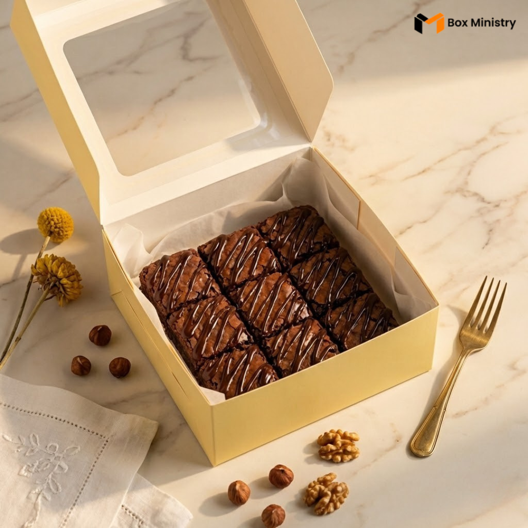Open yellow window bakery box filled with 9 fudgy chocolate brownies with dark chocolate drizzle on white parchment paper, styled on a marble surface with dried yellow flowers, gold fork, hazelnuts and walnuts — Yellow Window Bakery Box 