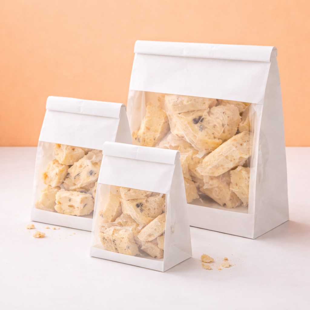 Three white snack bags with clear window displays on a light pink background