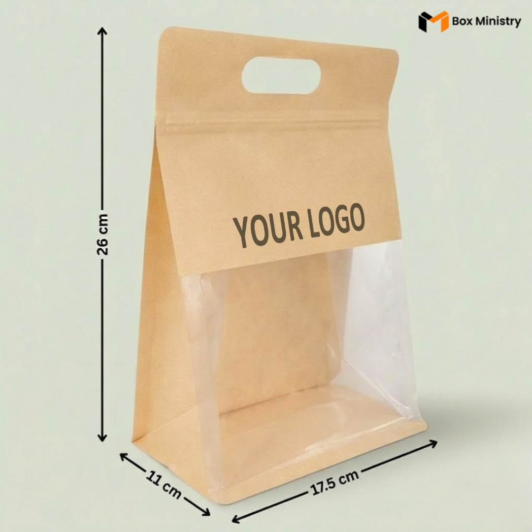 Kraft paper bag with dimensions and 'Your Logo' text on a light gray background