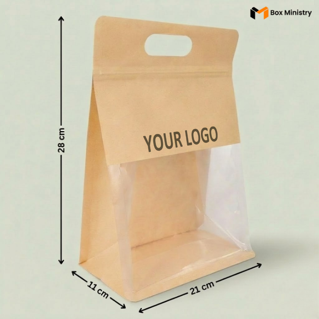 Kraft paper stand-up pouch with dimensions and 'Your Logo' text on a light gray background.