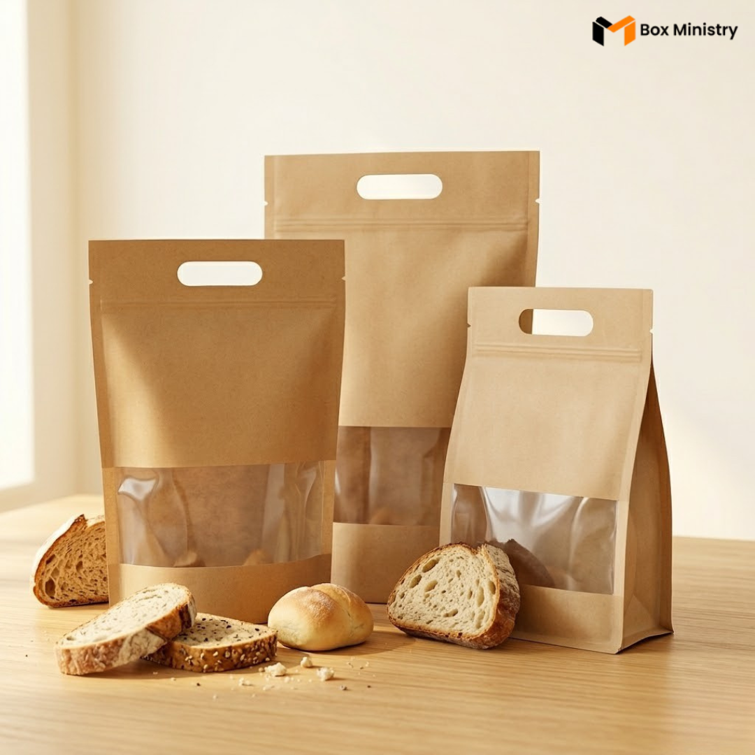 Three brown paper bags with handles on a wooden surface, containing sliced bread.