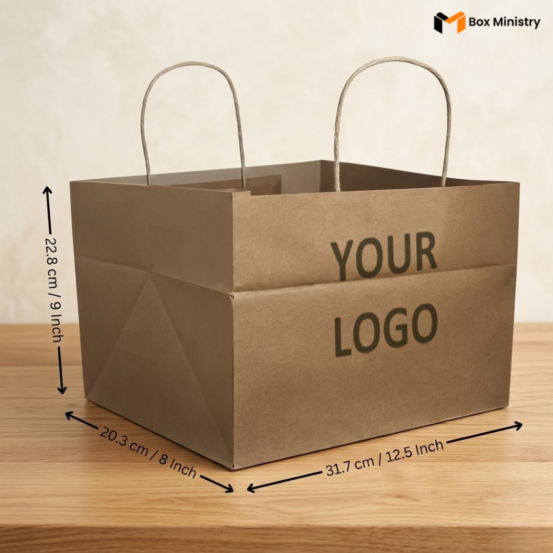 Brown paper bag with dimensions and 'Your Logo' text on surface, featuring Box Ministry branding.
