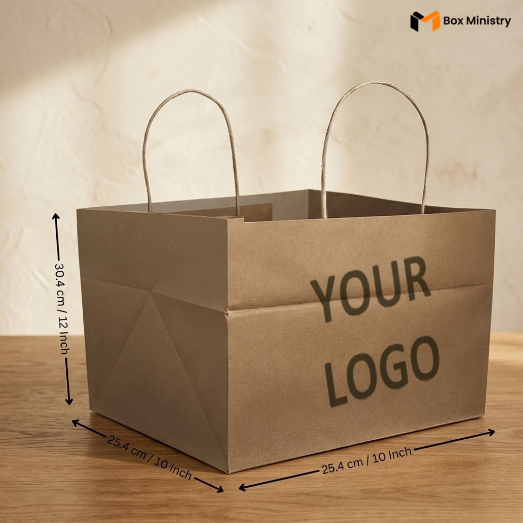 Kraft paper bag with dimensions and 'Your Logo' text on  surface.