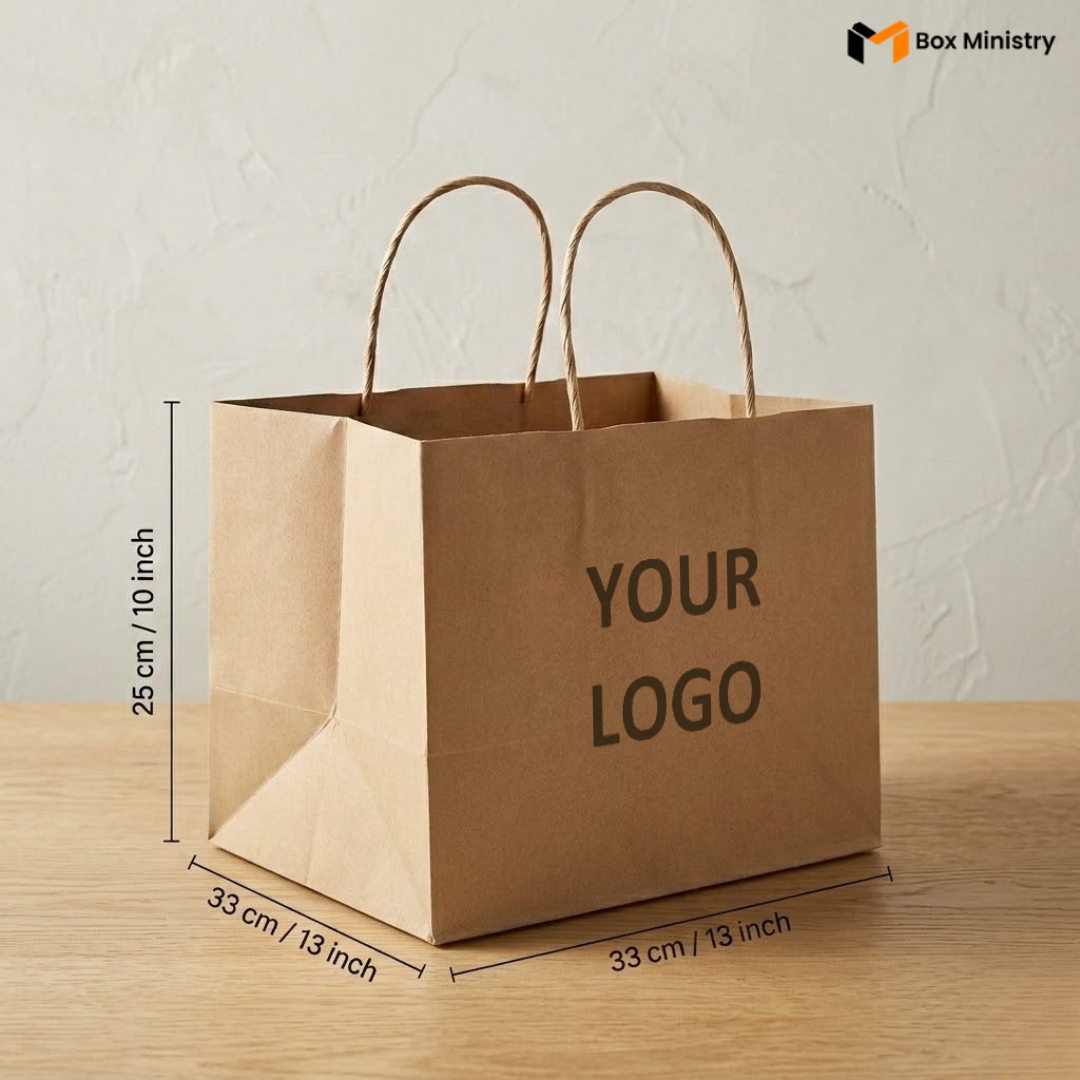 Brown paper bag with dimensions and 'Your Logo' text on the surface