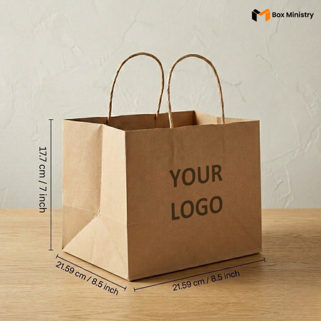 Brown paper bag with 'YOUR LOGO' text, dimensions displayed, on  surface.