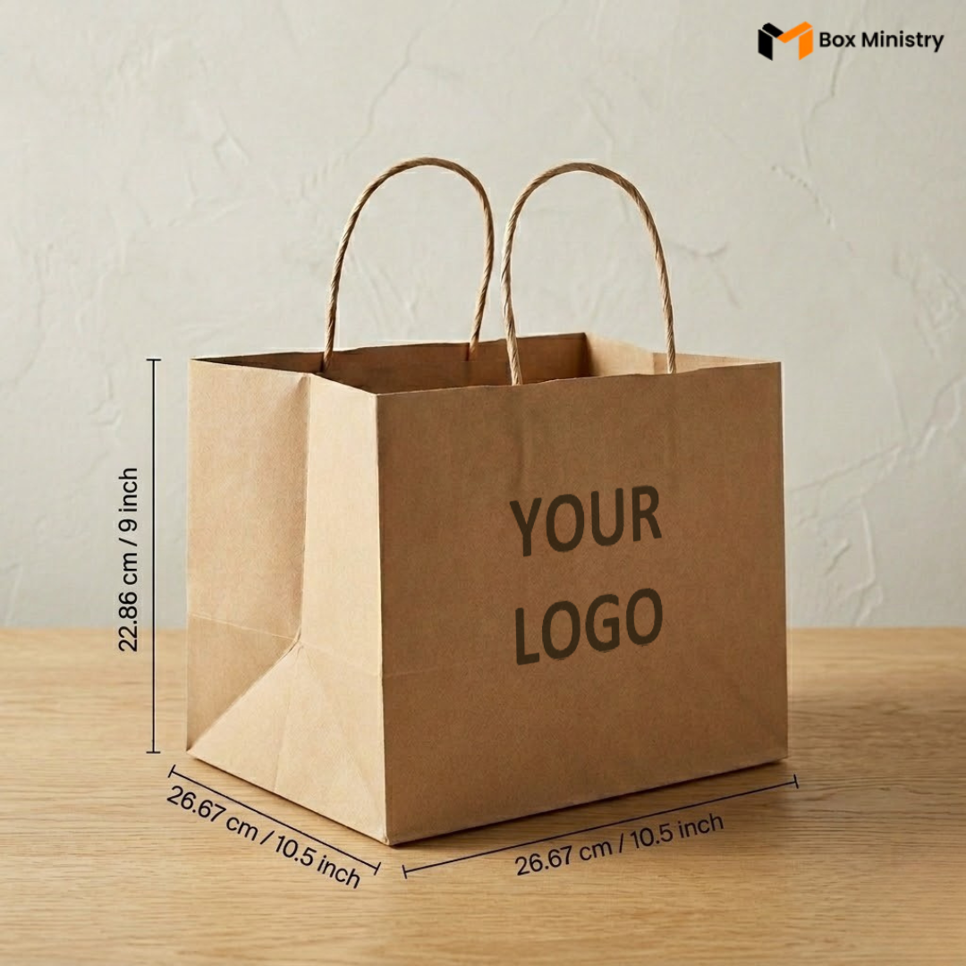 Brown paper bag with 'YOUR LOGO' text, dimensions displayed, on  surface.