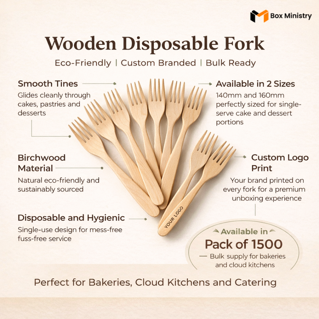 Wooden disposable forks with promotional text about eco-friendliness, custom branding, and bulk availability.