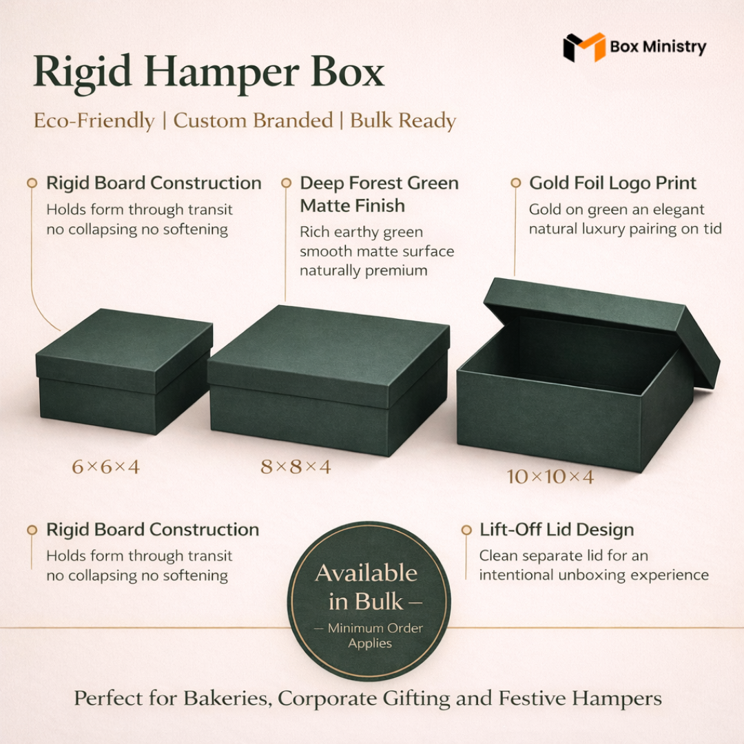 Rigid hamper box with green finish and gold foil logo print, featuring Box Ministry branding.