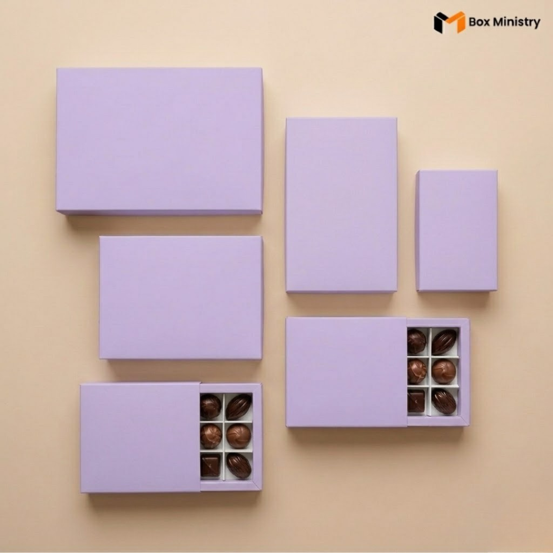 Set of purple gift boxes with chocolates on a beige background, featuring 'Box Ministry' logo.
