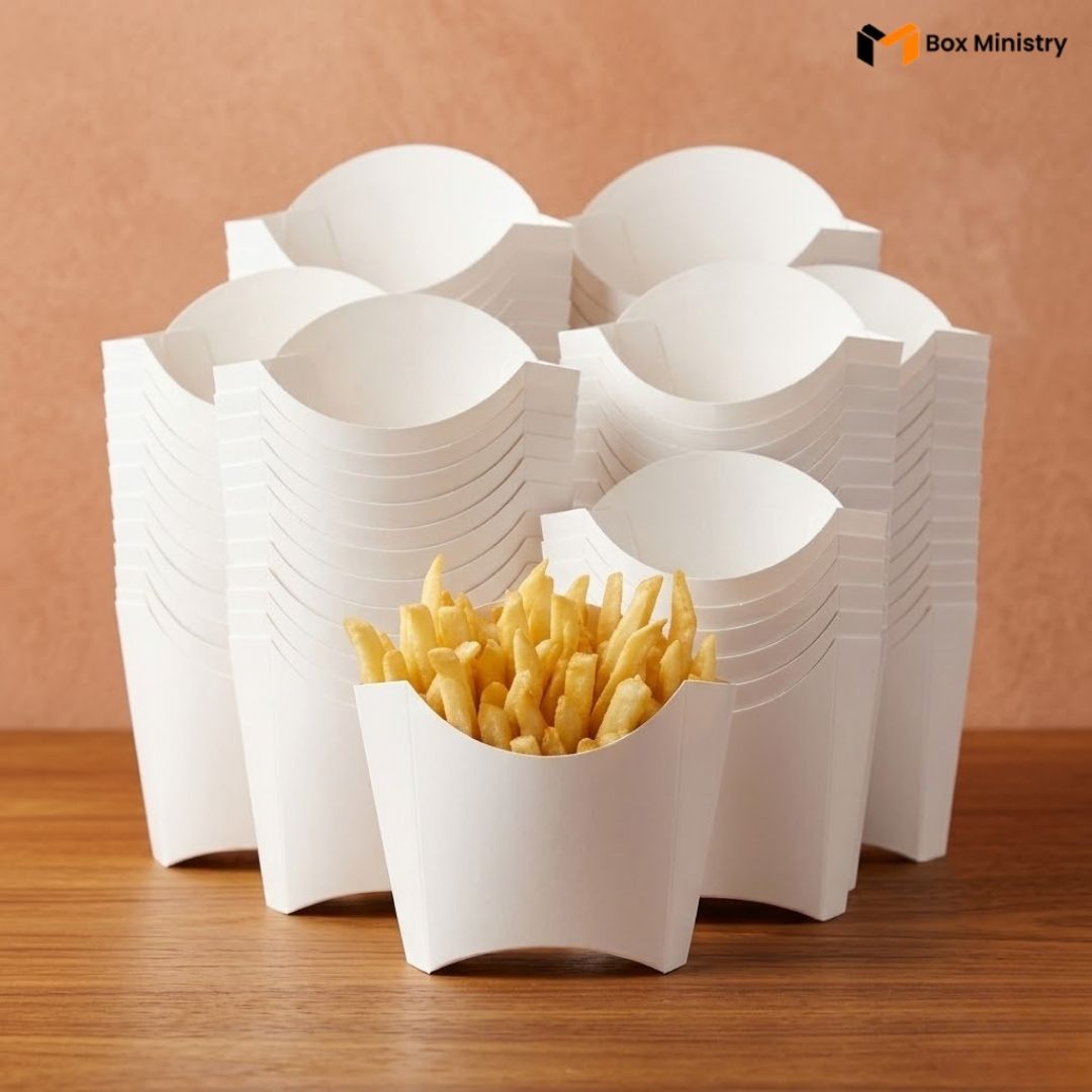 White paper cups with French fries on a wooden surface, with 'Box Ministry' branding.