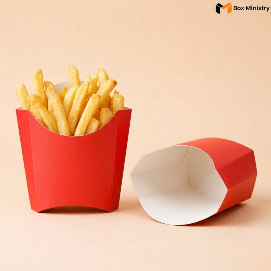 Red paper cup filled with French fries on a beige background