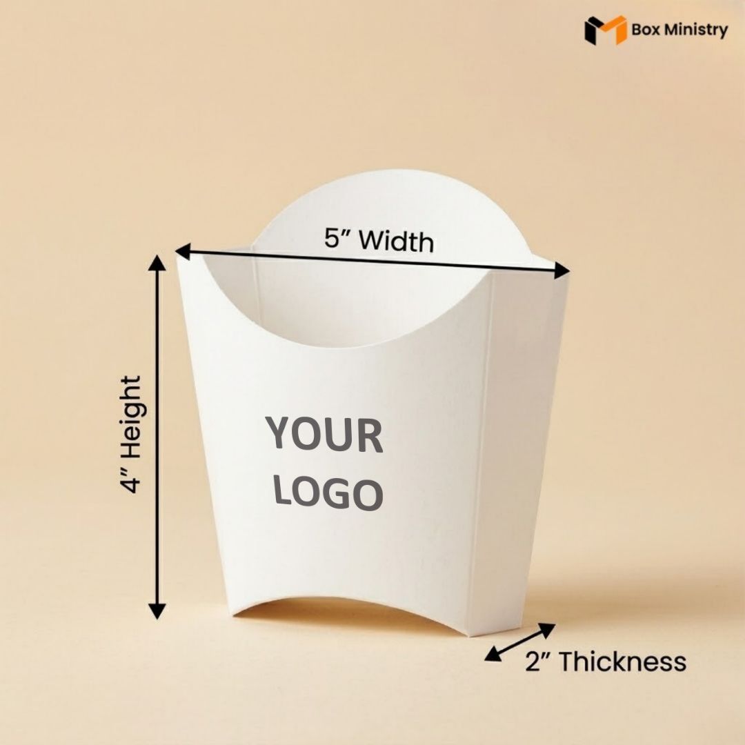 White paper box with dimensions labeled on a beige background, featuring 'Box Ministry' logo.