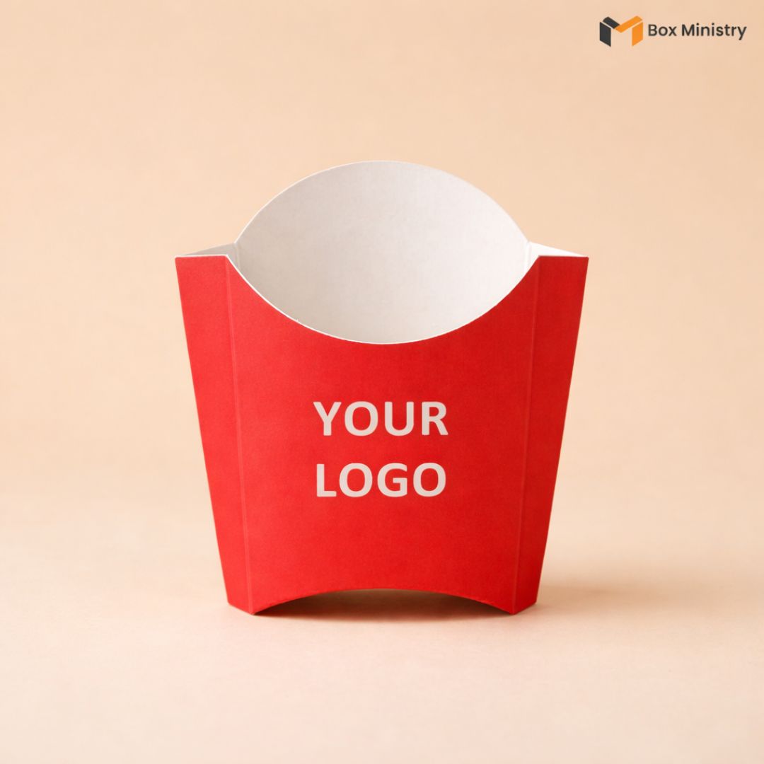 Red paper container with 'YOUR LOGO' text on a beige background, featuring the Box Ministry logo.