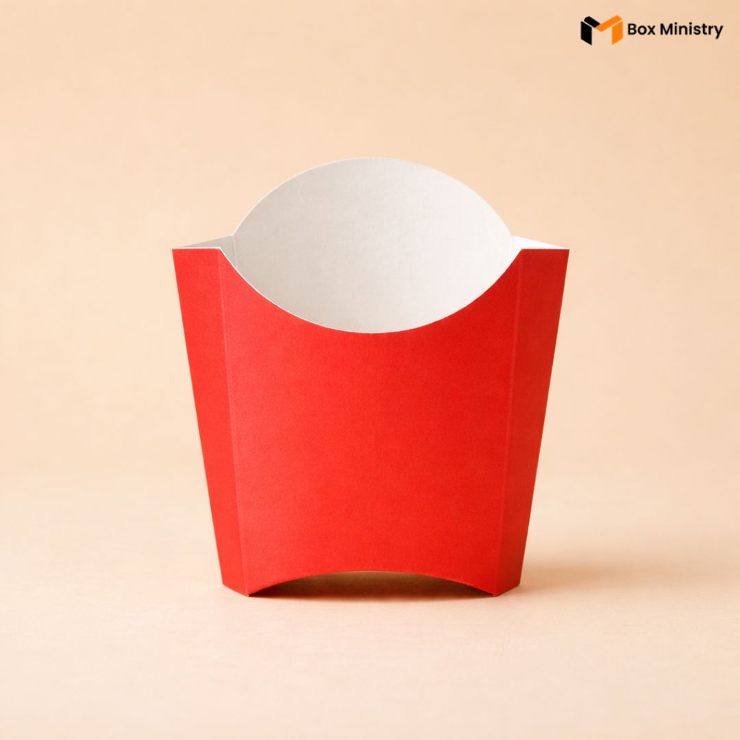 Red paper container with a white interior on a beige background, featuring the Box Ministry logo.