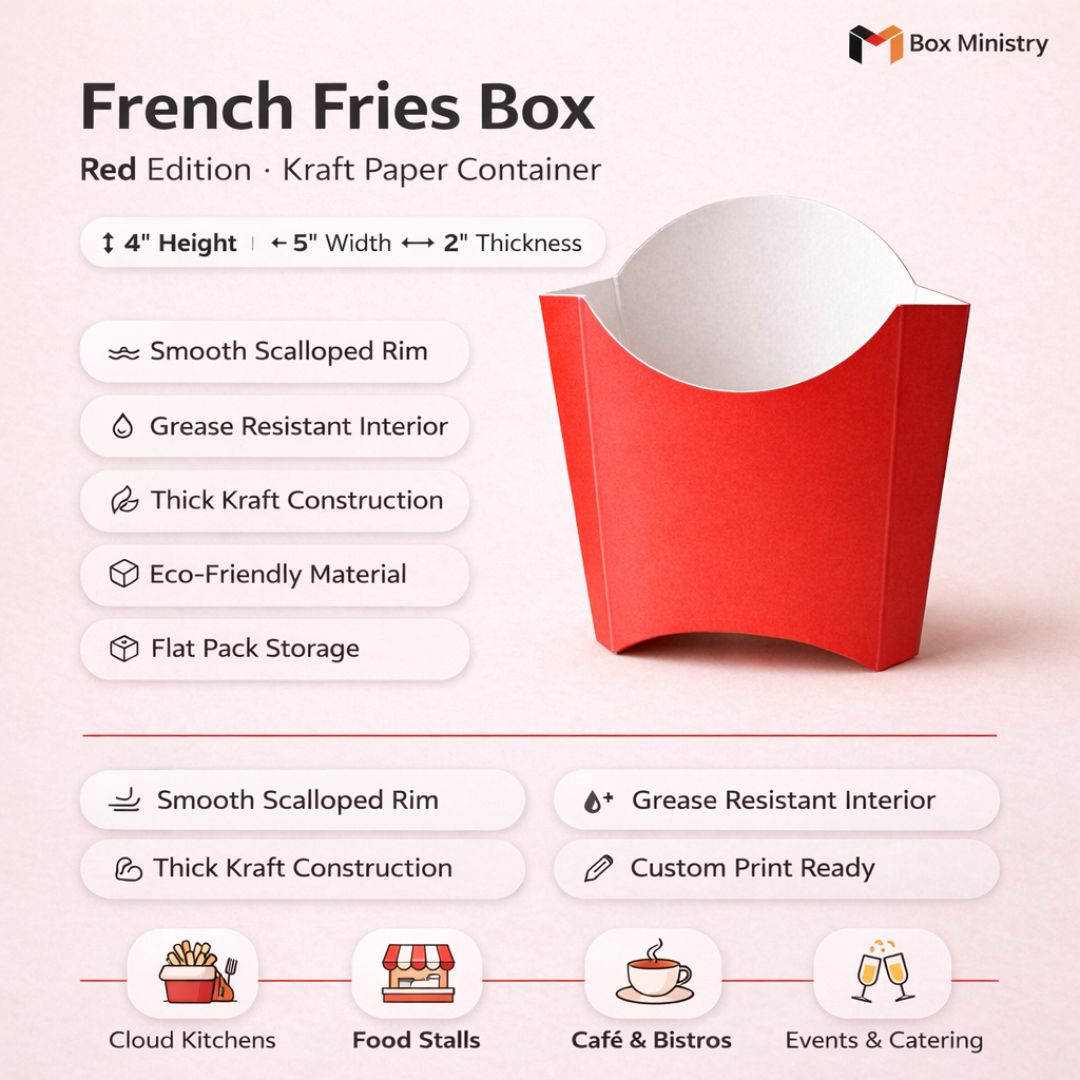 Red French fries box with features listed on a white background