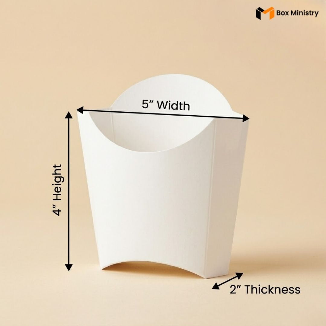 White paper cup with dimensions labeled on a beige background