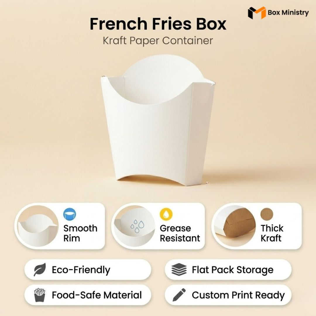 White French fries box with features listed on a beige background