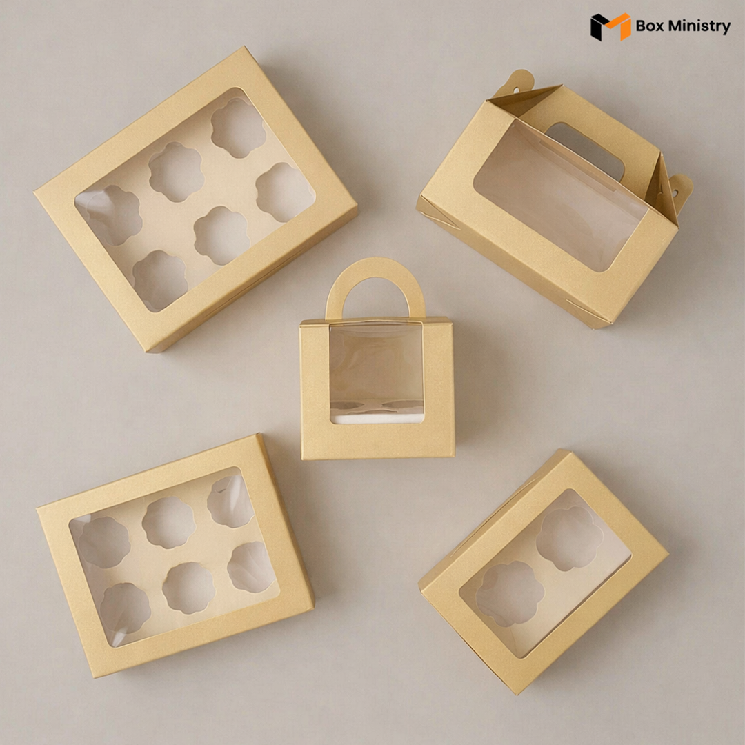 Matte Gold Color Cupcake Box | With Handle & Without Handle