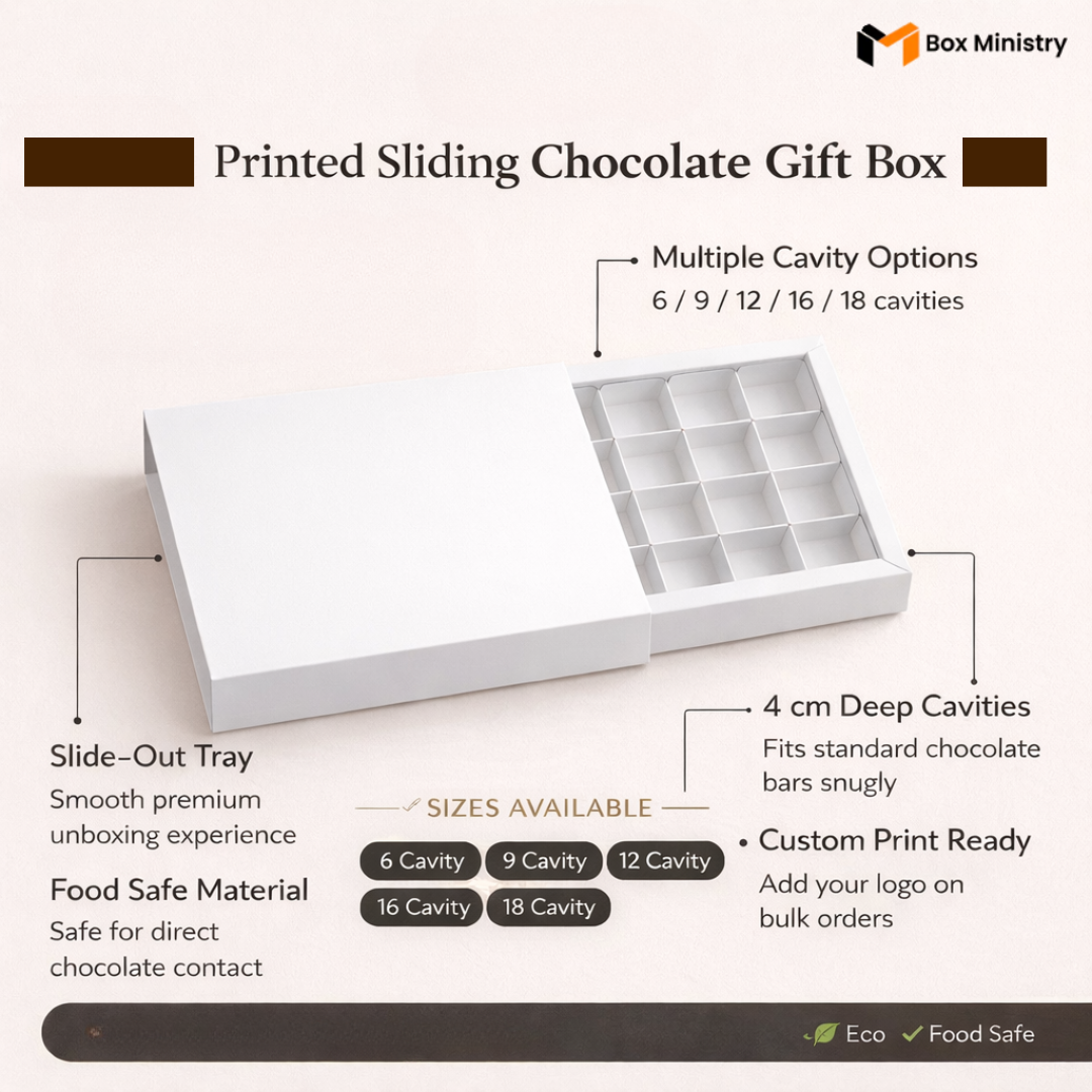 Printed sliding chocolate gift box with features and specifications on a white background