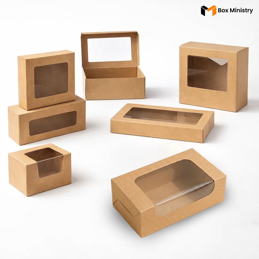 Set of brown cardboard boxes with clear window panels on a white background, branded 'Box Ministry'.