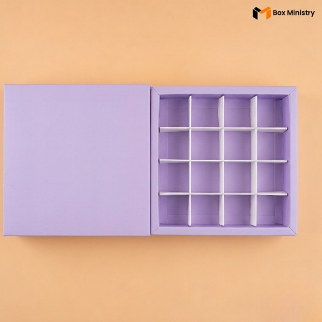 Purple jewelry box with compartments on a beige background, featuring 'Box Ministry' logo.