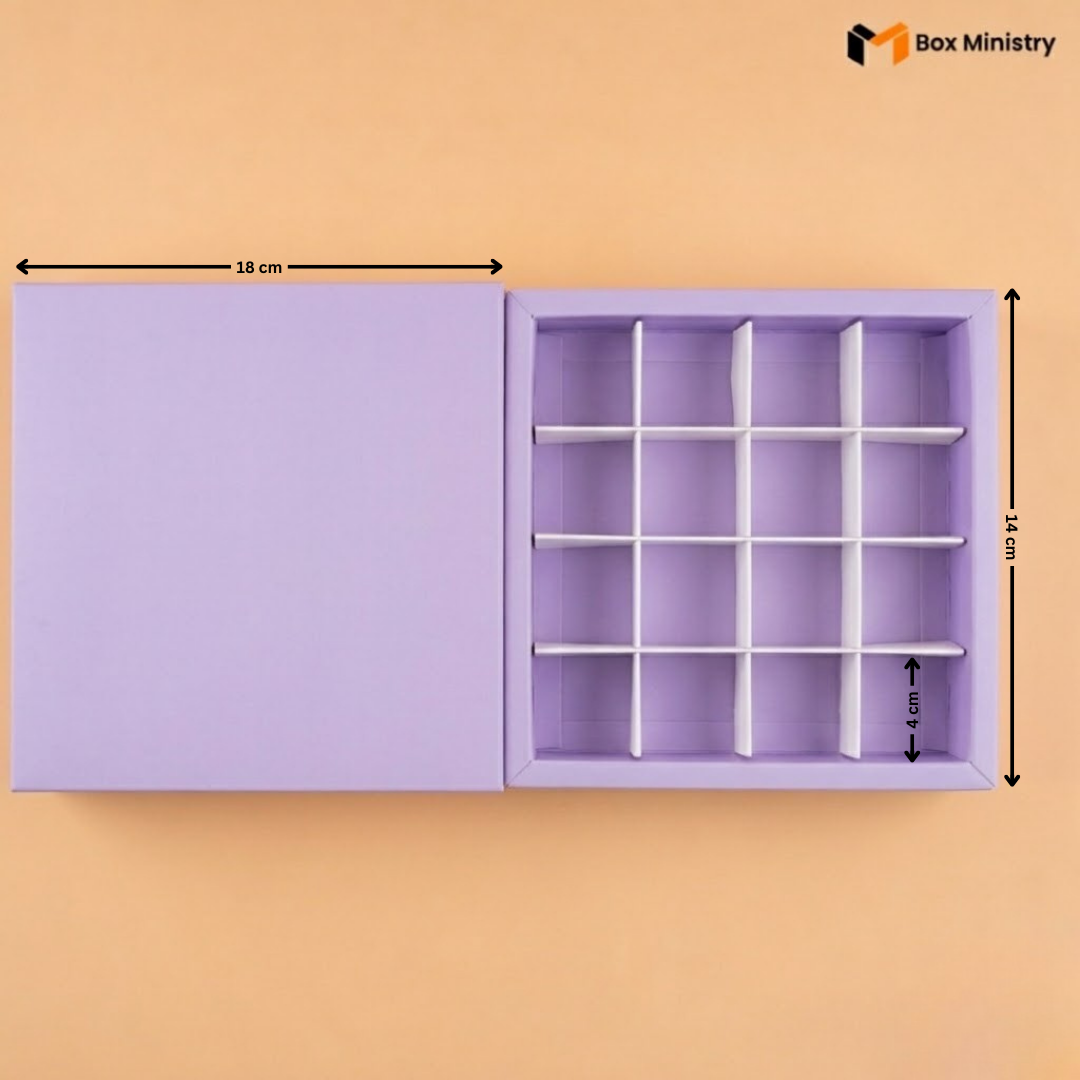 Purple jewelry box with compartments and measurements on a beige background, featuring the Box Ministry logo.