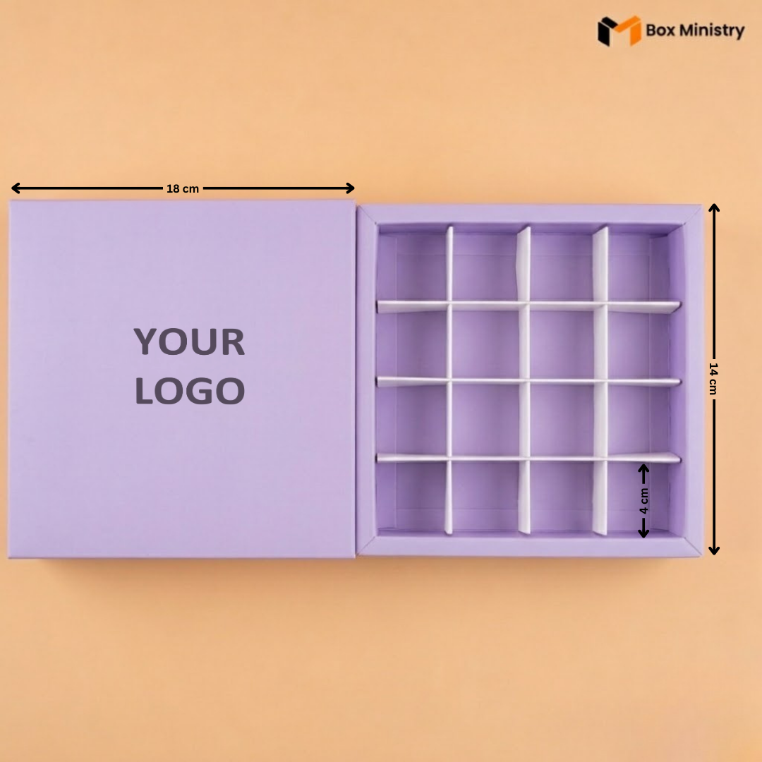 Purple display box with compartments and dimensions on a beige background, featuring 'Box Ministry' logo.