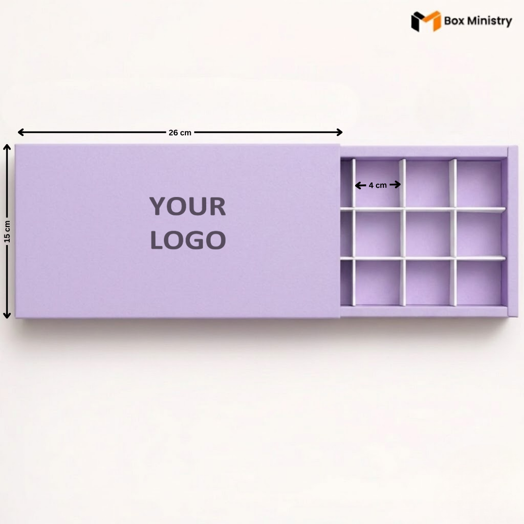 Purple storage box with dimensions and a placeholder for 'Your Logo' on a white background.
