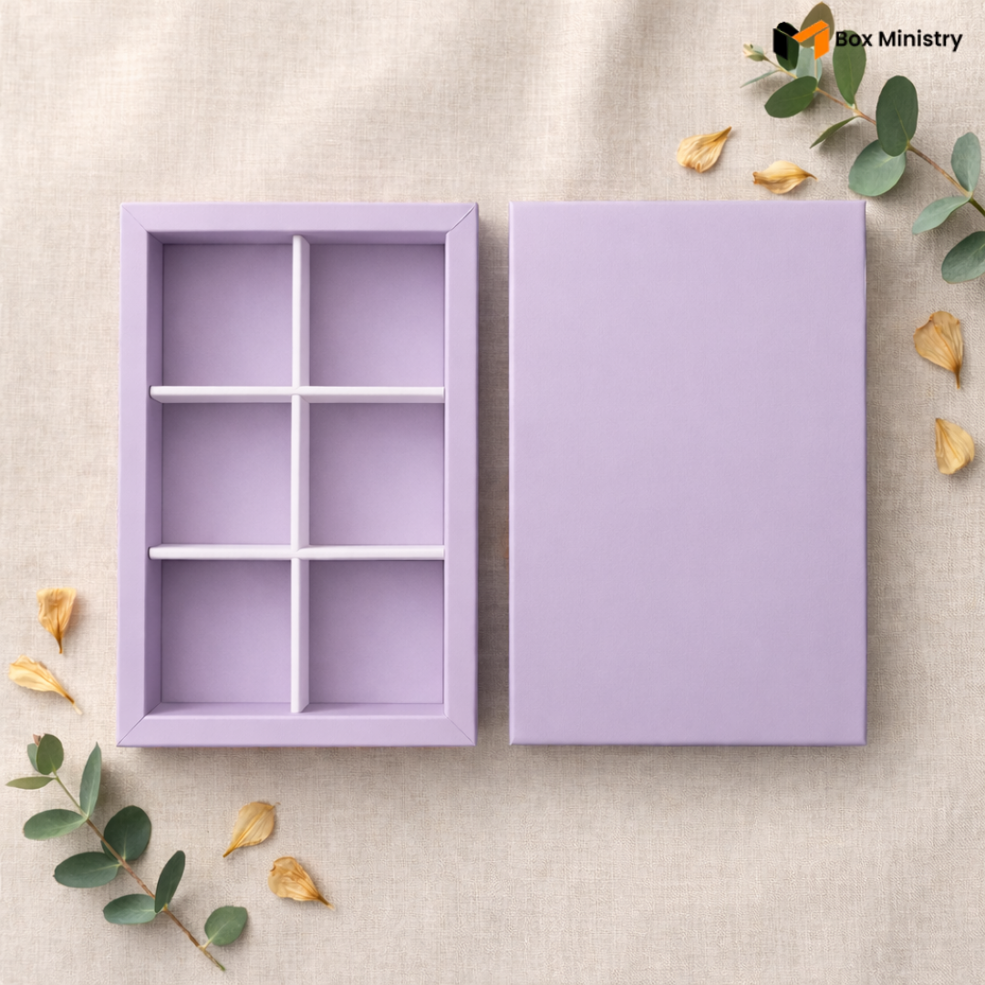 Purple jewelry box with compartments on a beige background with decorative elements