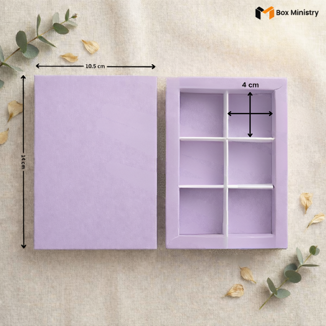 Purple jewelry box with dimensions on a beige background