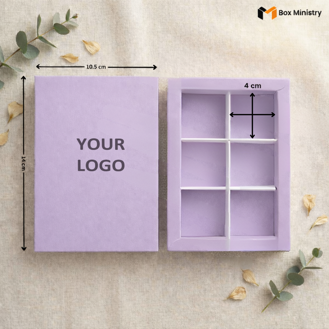 Purple jewelry box with dimensions and 'Your Logo' placeholder on a beige background
