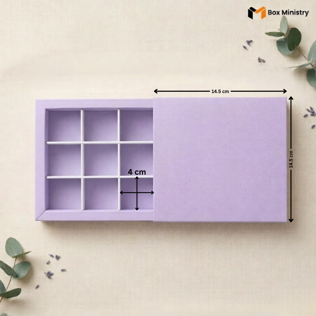 Purple jewelry box with compartments and measurements on a beige background