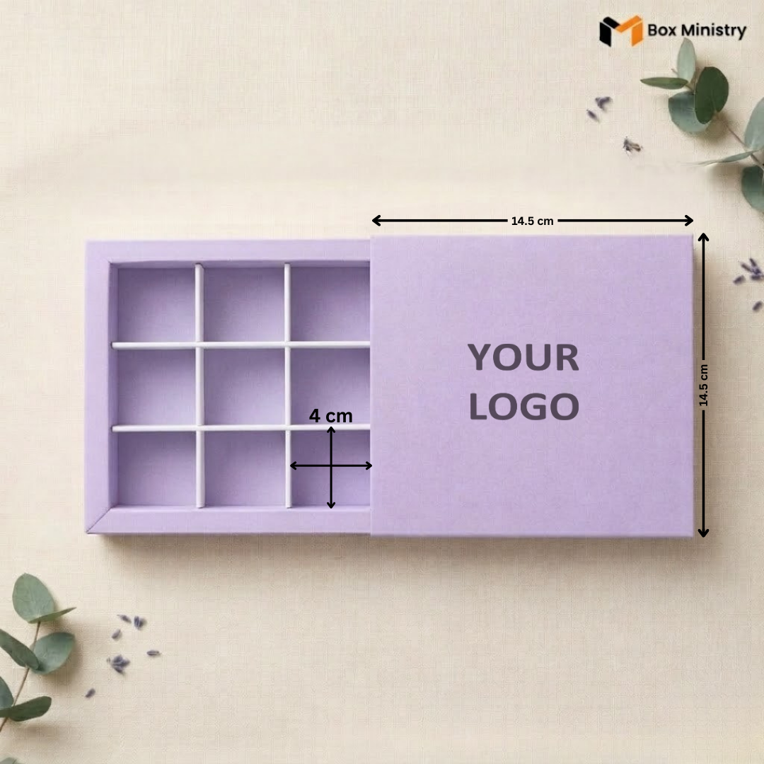 Purple box with compartments and dimensions on a light background