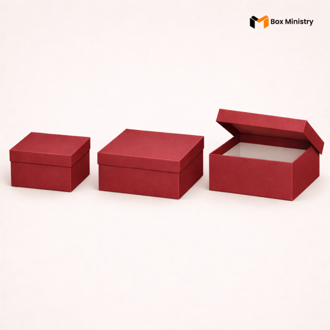 Three red boxes of different sizes on a white background with 'Box Ministry' branding.