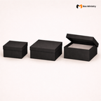 Three black cardboard boxes of different sizes on a white background with 'Box Ministry' branding.