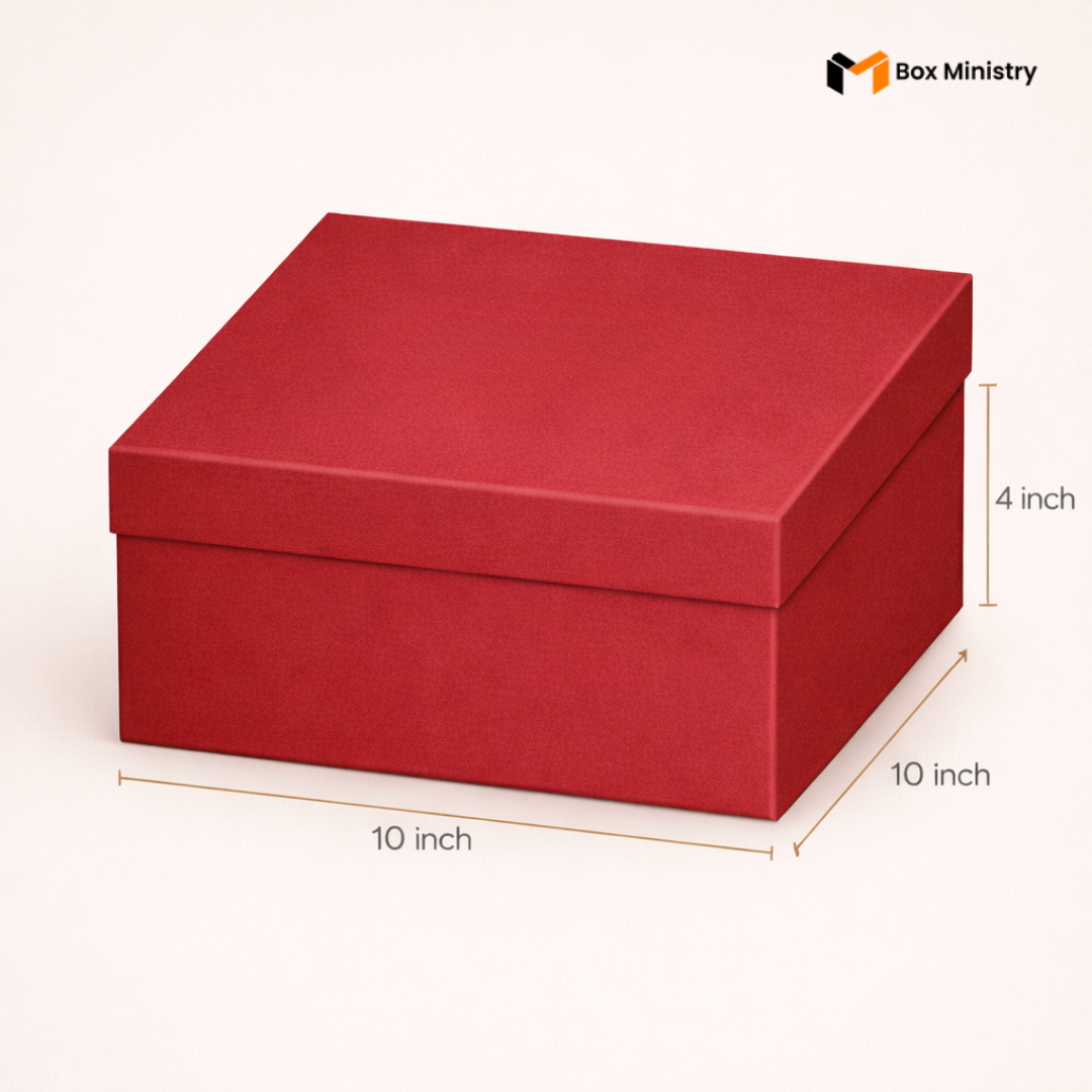 Red box with dimensions on a white background, featuring 'Box Ministry' logo.