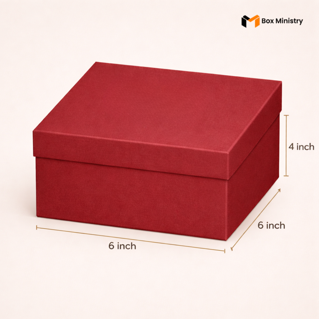 Red box with dimensions on a beige background, featuring 'Box Ministry' logo.