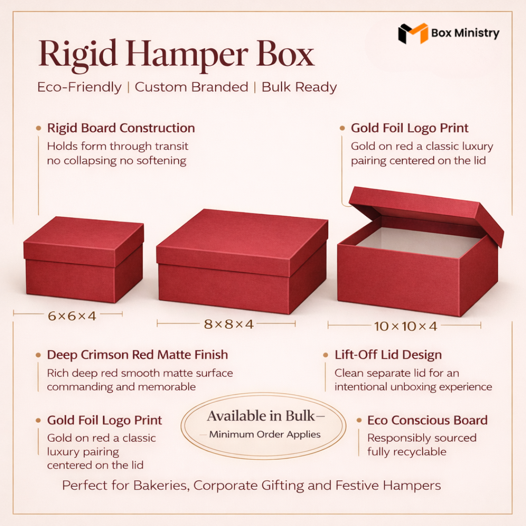 Red rigid hamper box with specifications and features on a beige background