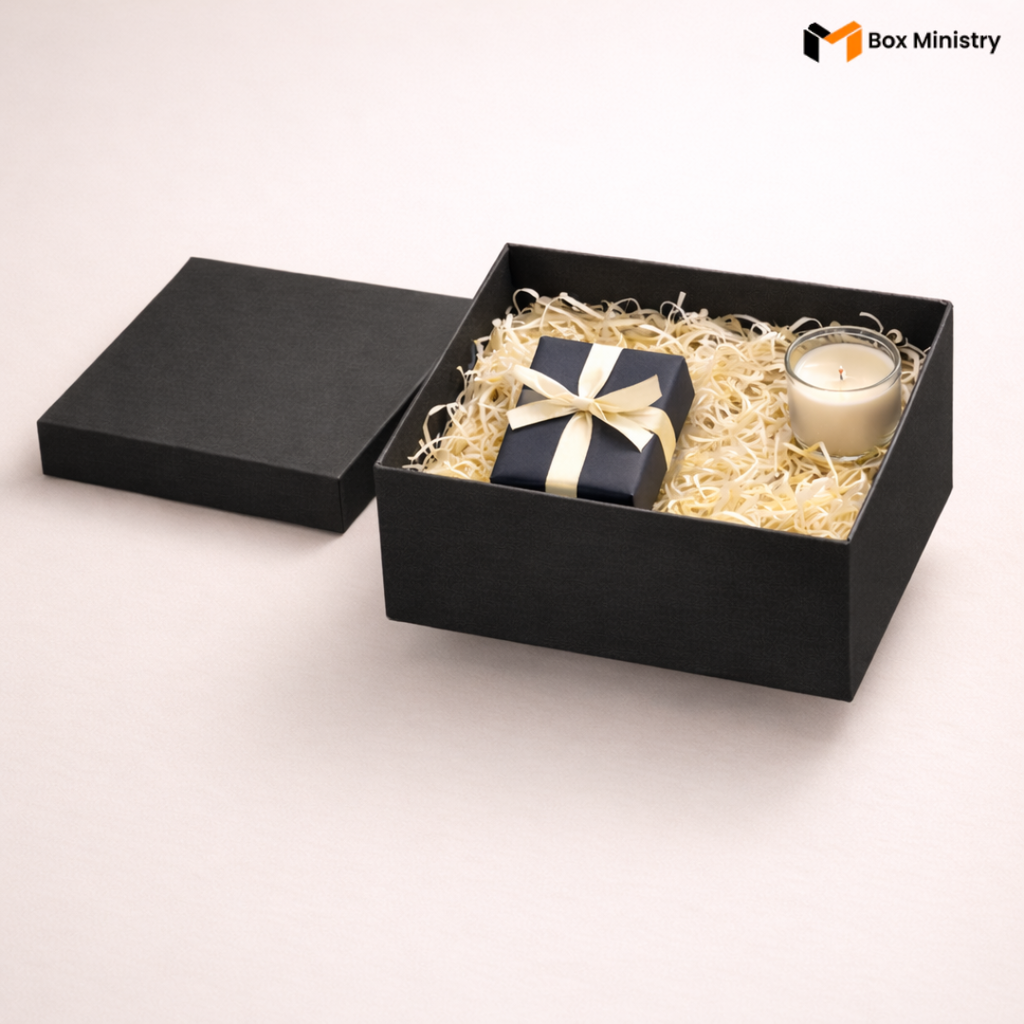 Black gift box with a candle and wrapped gift on a light background, featuring 'Box Ministry' logo.