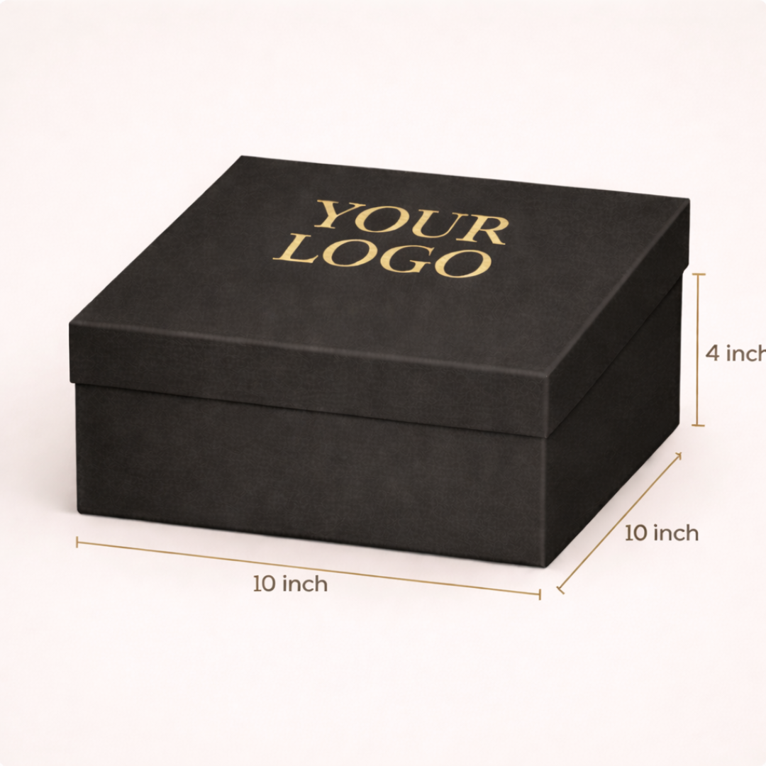 Black box with 'YOUR LOGO' text on a white background, showing dimensions.