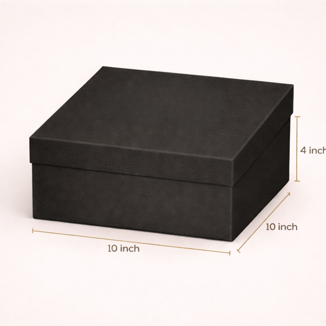Black rectangular box with dimensions indicated on a white background