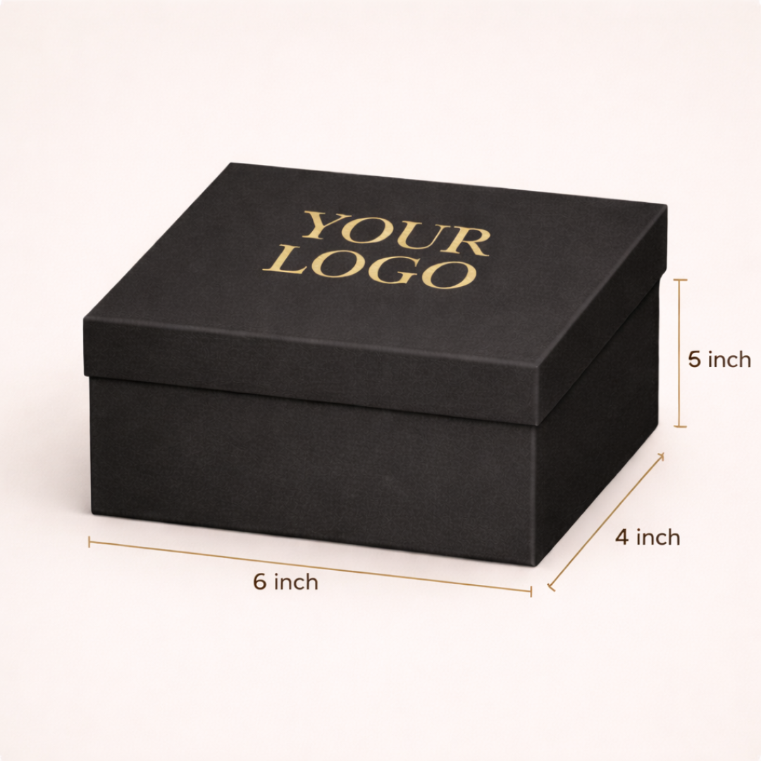 Black box with 'YOUR LOGO' text, dimensions indicated on a white background