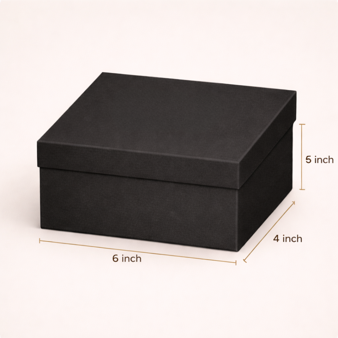 Black rectangular box with dimensions indicated on a white background